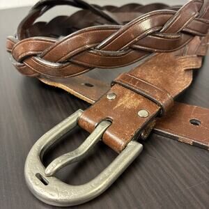 Coach Brown Leather Belt Mens 40” 100 cm Woven Braided Silver Buckle Logo #90253